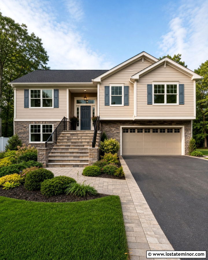 Sand Split Level With Blue Gray Shutters - 30 Sand House Design With Shutters Ideas