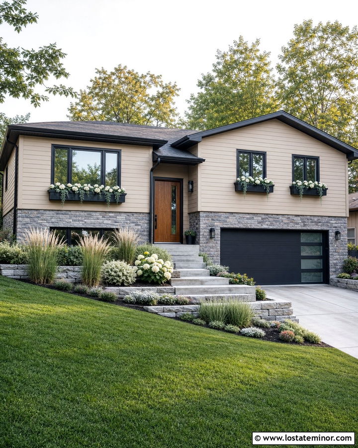 Sand Split Level With Charcoal Window Boxes - 30 Sand House Design With Window Boxes Ideas