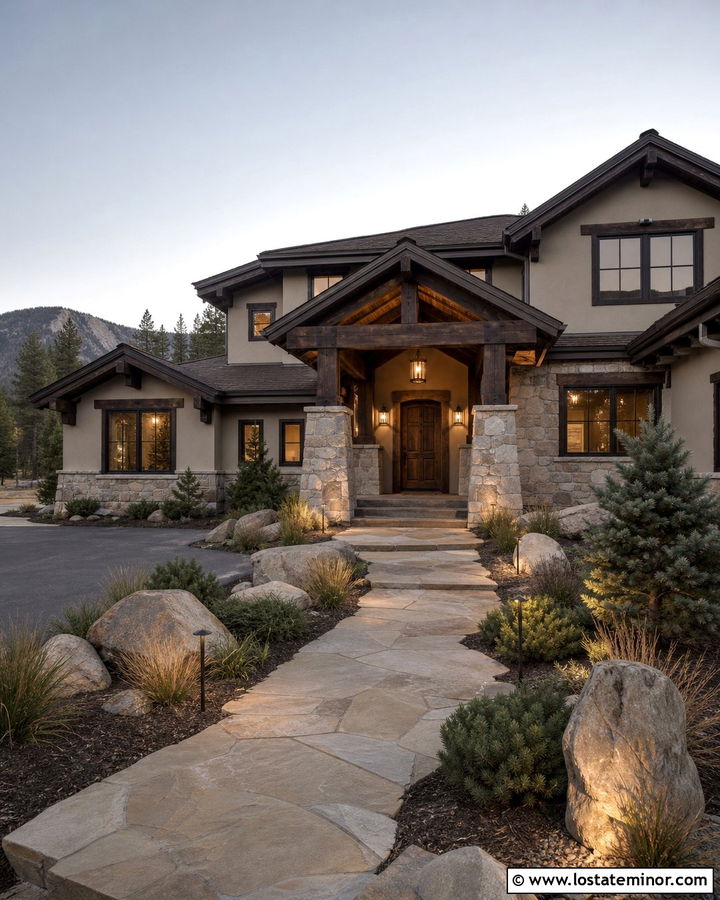 Sand Stone House With Landscape Uplights - 30 Sand House Design With Light Fixtures Ideas