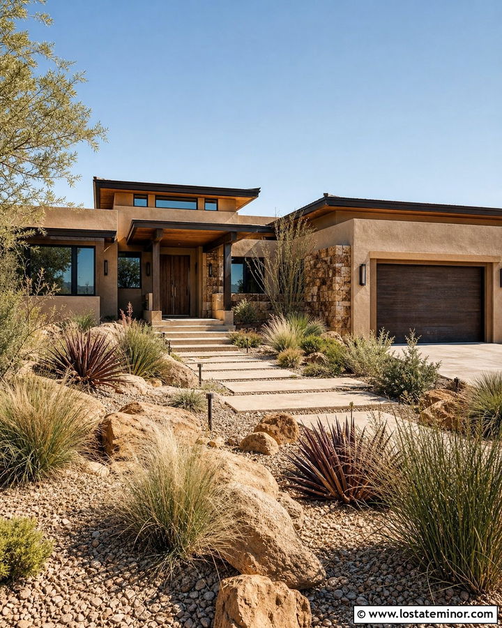 Sand Stucco House With Bronze Windows - 30 Sand House Design With Window Frames Ideas