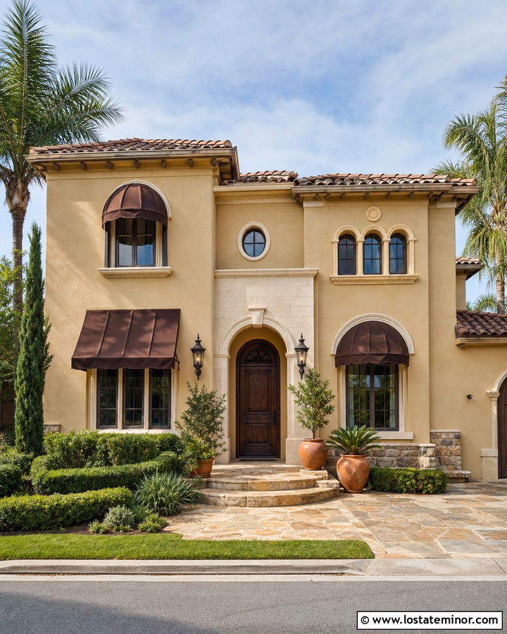 Sand Stucco House With Brown Fabric Awnings - 30 Sand House Design With Awning Ideas