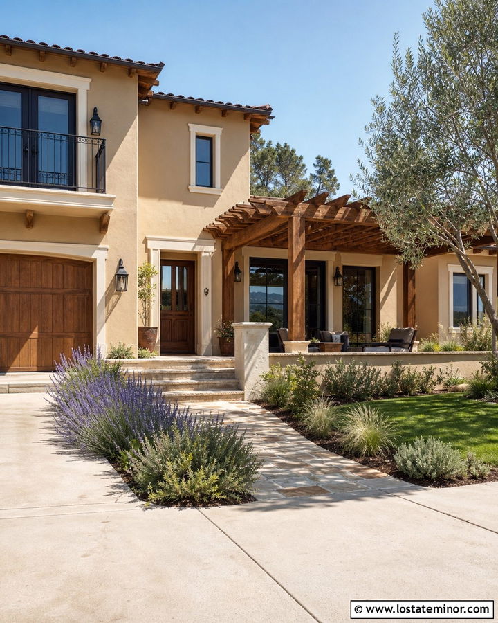 Sand Stucco House With Cedar Pergola - 30 Sand House Design With Pergola Ideas