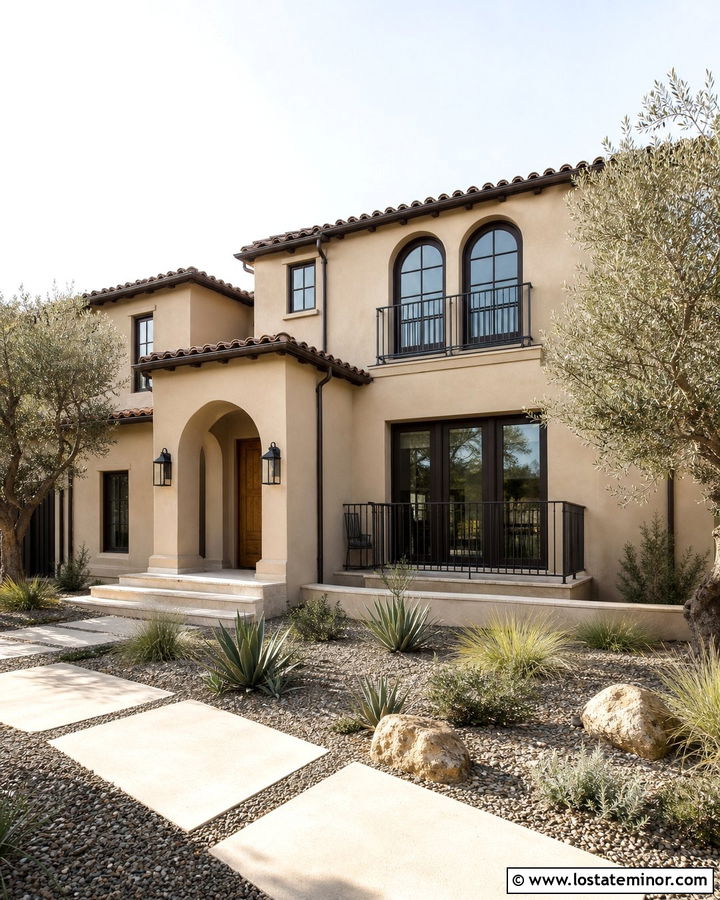 Sand Stucco House With Dark Trim - 30 Sand House Design With Accents Ideas