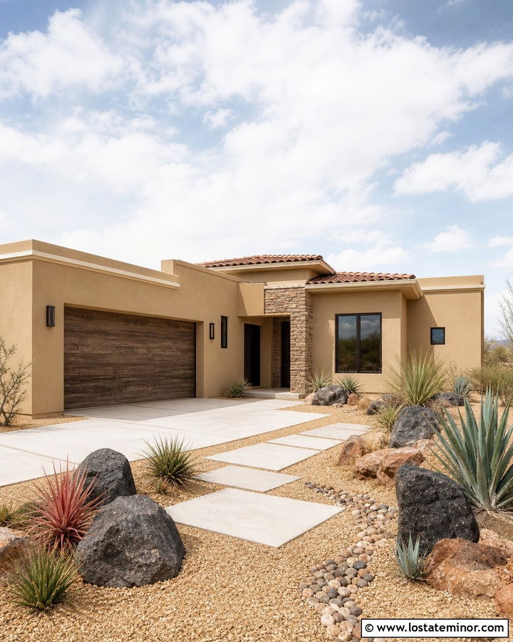 Sand Stucco House With Desert Rock Garden - 30 Sand House Design With Front Yard Ideas