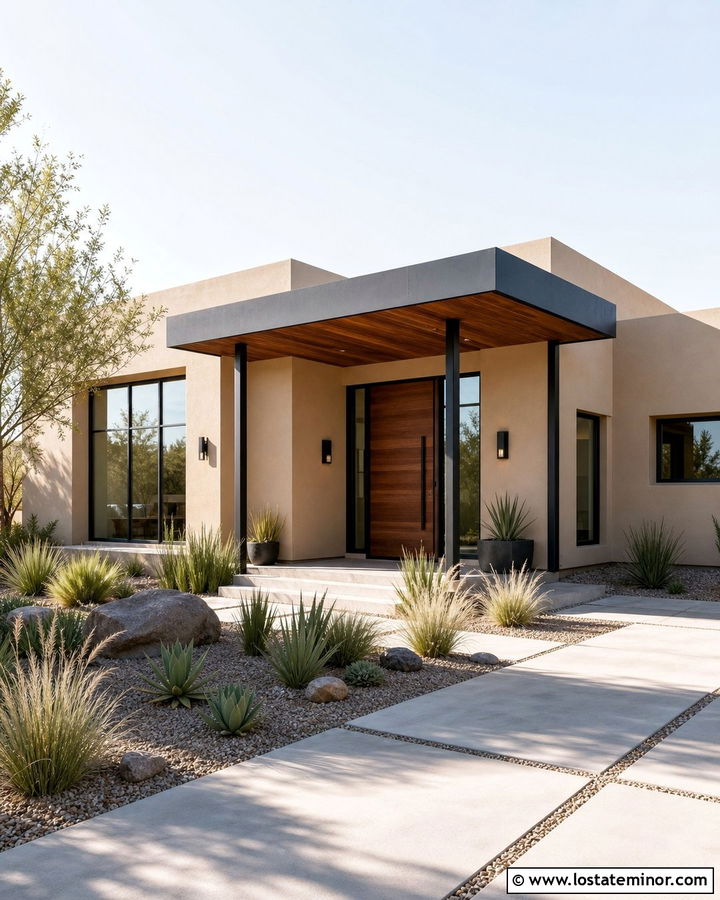 Sand Stucco House With Flat Roof Portico - 30 Sand House Design With Portico Ideas