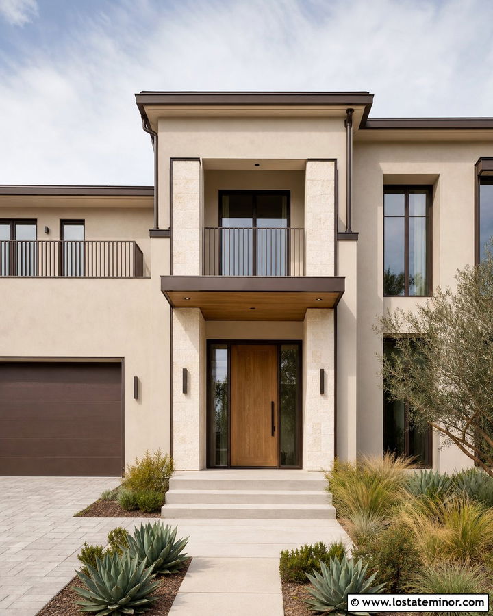 Sand Stucco House With Modern Railings - 30 Sand House Design With Railings Ideas