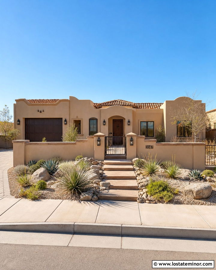 Sand Stucco House With Privacy Wall - 30 Sand House Design With Fence Ideas