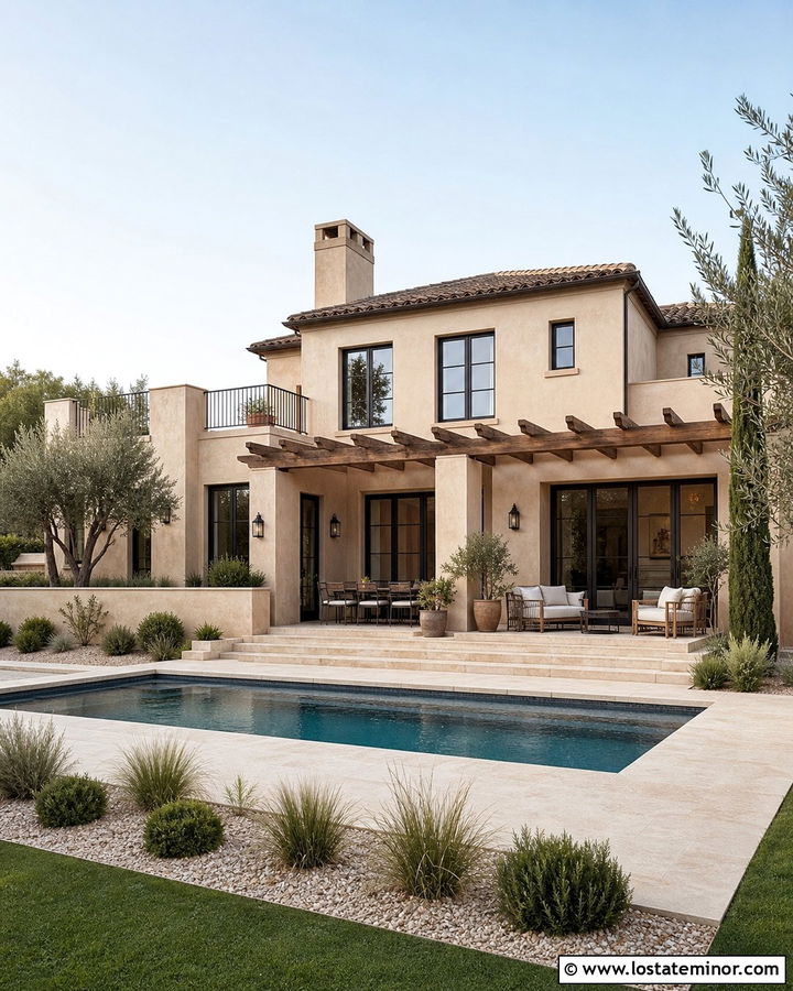 Sand Stucco House With Travertine Pool Deck - 30 Sand House Design With Swimming Pool Ideas