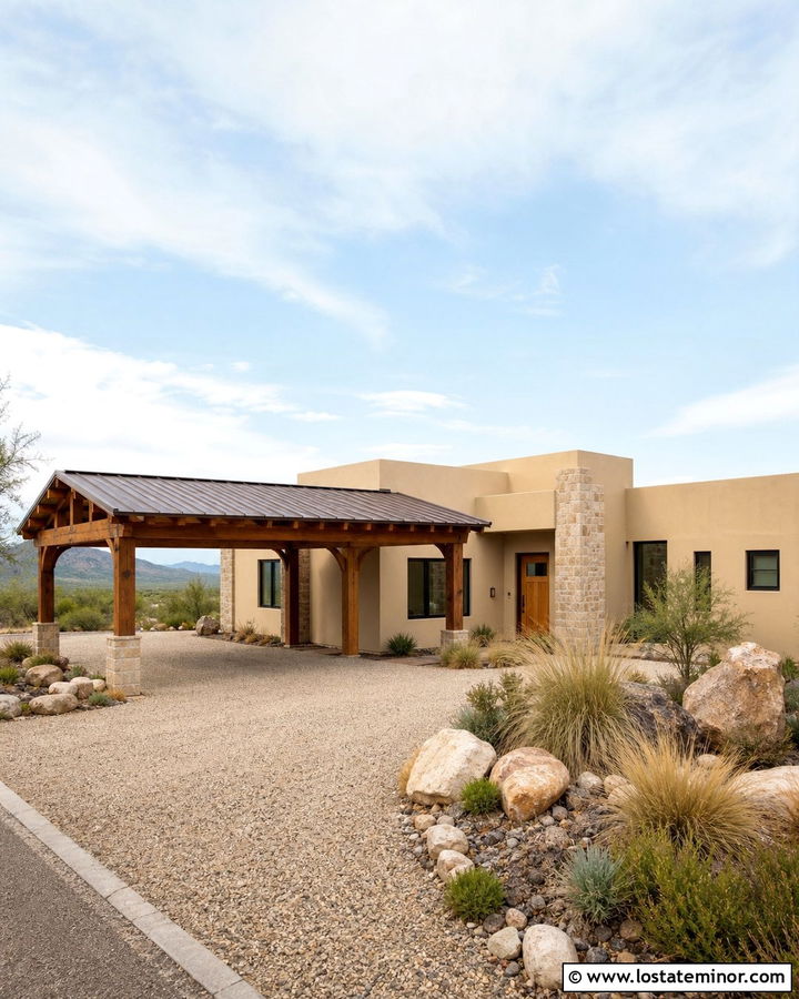 Sand Stucco House With Wood Carport - 30 Sand House Design With Carport Ideas
