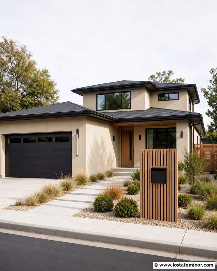 Sand Stucco House With Wood Slat Mailbox - 30 Sand House Design With Mailbox Ideas