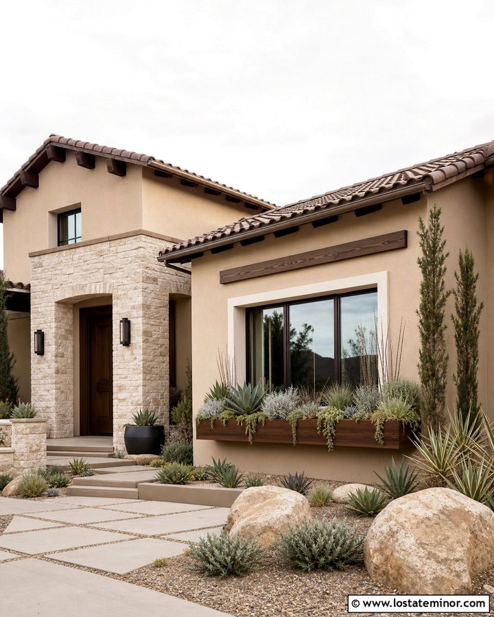 Sand Stucco House With Wood Window Boxes - 30 Sand House Design With Window Boxes Ideas