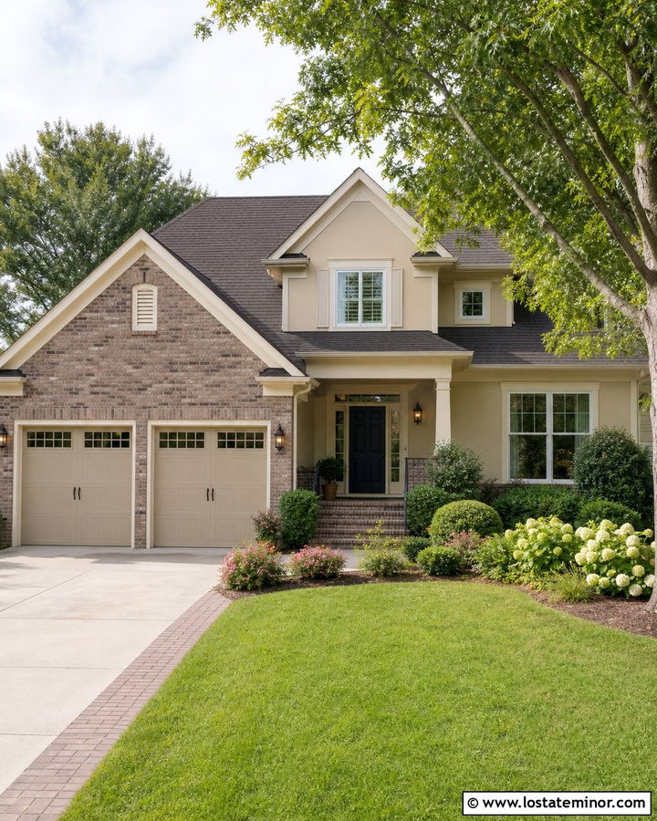 Sand Suburban House With Brick Garage - 30 Sand House Design With Brick Accents Ideas
