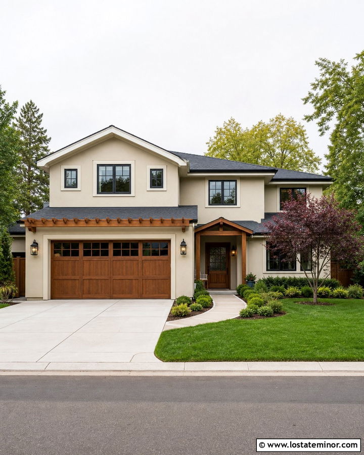 Sand Suburban House With Garage Pergola - 30 Sand House Design With Pergola Ideas