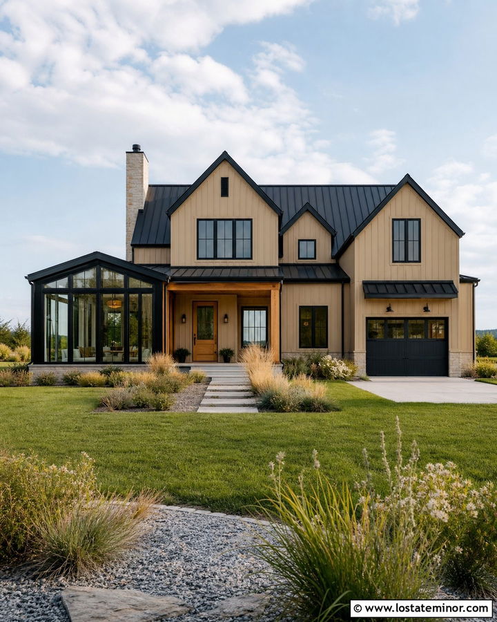 Sand Tan Modern Farmhouse With Black Sunroom - 30 Tan House Design With Sunroom Ideas