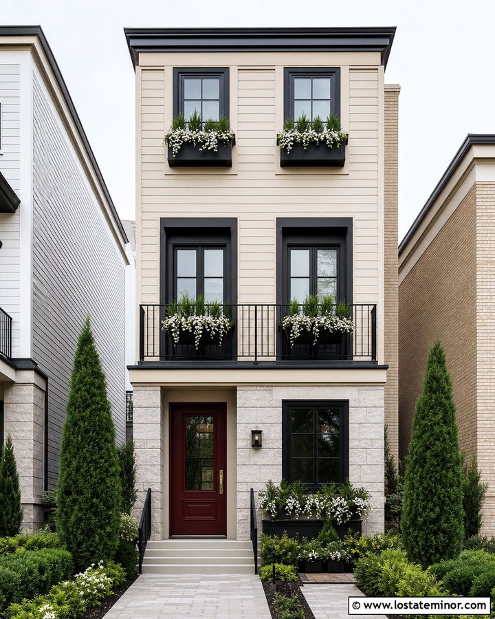Sand Townhouse With Black Metal Window Boxes - 30 Sand House Design With Window Boxes Ideas