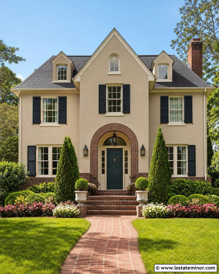 Sand Traditional House With Brick Archway - 30 Sand House Design With Brick Accents Ideas