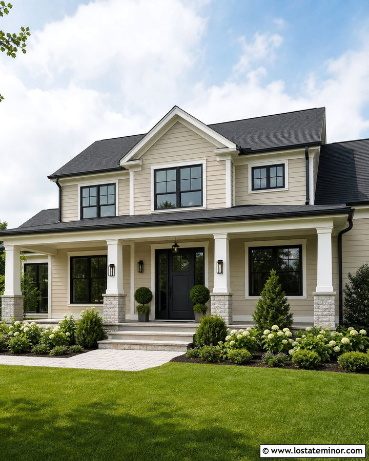 Sand Transitional House With Black Trim And White Columns - 30 Sand House Design With Porch Columns Ideas