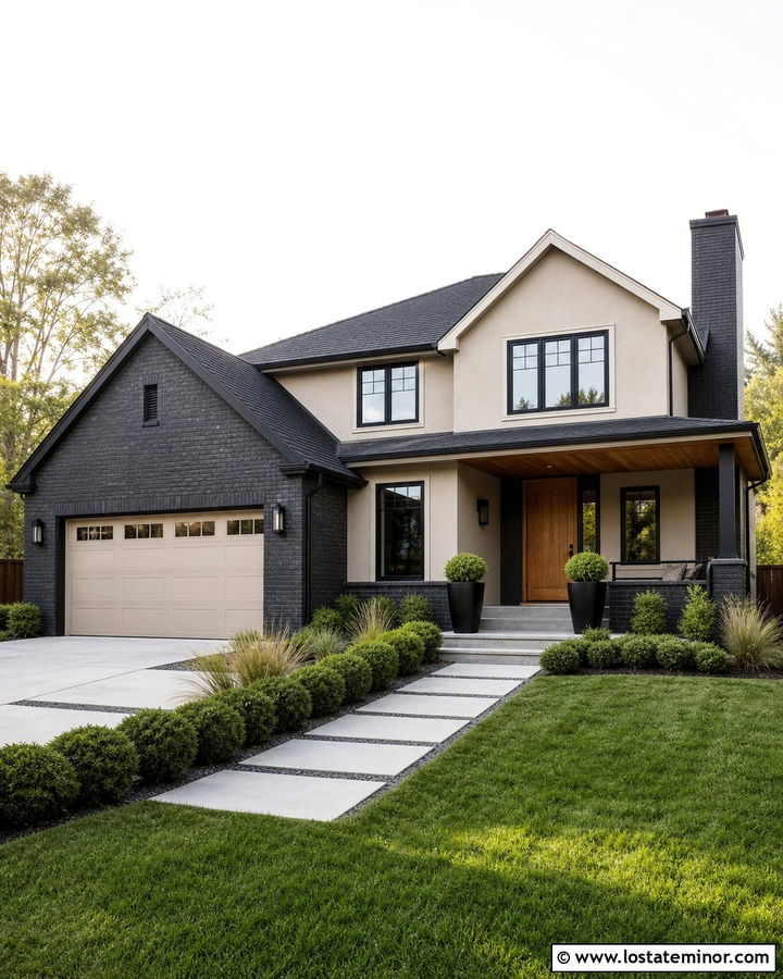 Sand Transitional House With Charcoal Brick - 30 Sand House Design With Brick Accents Ideas