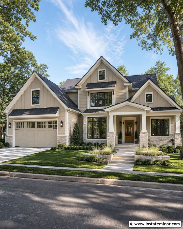 Sand Transitional House With Layered Gables - 30 Sand House Design With Gables Ideas