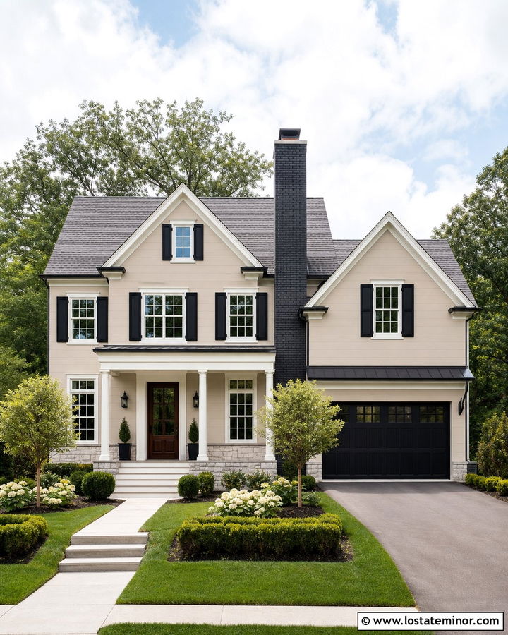 Sand Transitional House With Slim Brick Chimney - 30 Sand House Design With Chimney Ideas