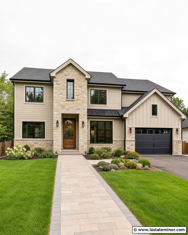 Sand Transitional House With Stone Entry Tower - 30 Sand House Design With Stone Accents Ideas