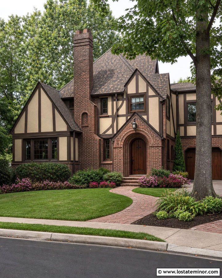 Sand Tudor House With Dark Brick Details - 30 Sand House Design With Brick Accents Ideas