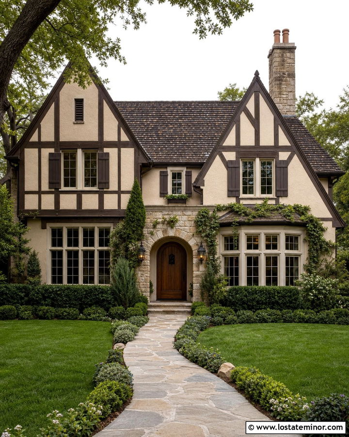 Sand Tudor House With Dark Brown Shutters - 30 Sand House Design With Shutters Ideas