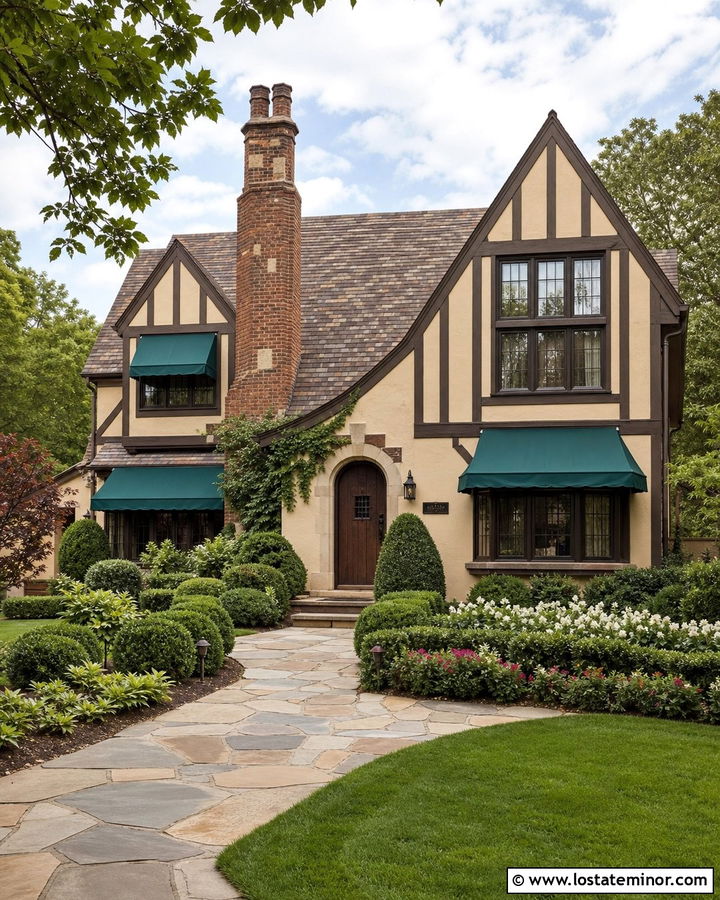 Sand Tudor House With Dark Green Awnings - 30 Sand House Design With Awning Ideas