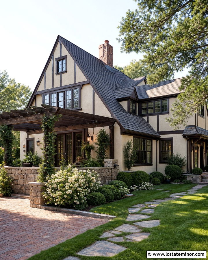 Sand Tudor House With Dark Wood Pergola - 30 Sand House Design With Pergola Ideas