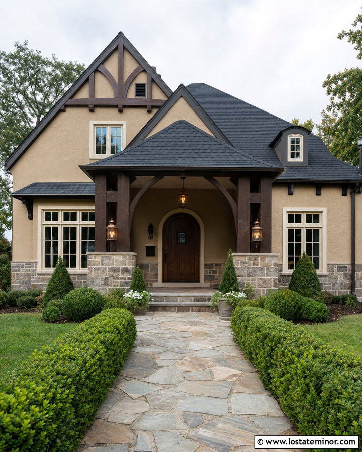 Sand Tudor House With Timber Porch Columns - 30 Sand House Design With Porch Columns Ideas