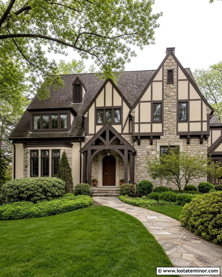 Sand Tudor House With Timber Portico - 30 Sand House Design With Portico Ideas