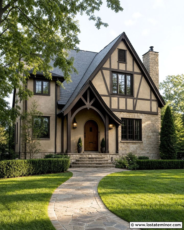 Sand Tudor House With Timbered Porch - 30 Sand House Design With Front Porch Ideas
