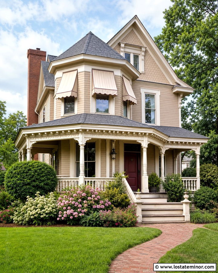 Sand Victorian House With Cream Awnings - 30 Sand House Design With Awning Ideas