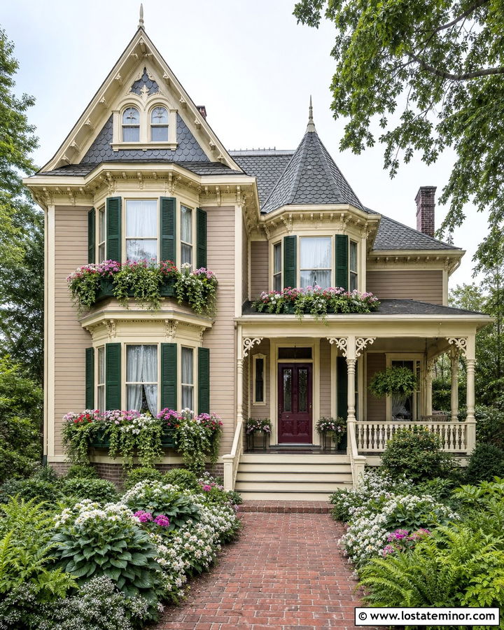 Sand Victorian House With Dark Green Window Boxes - 30 Sand House Design With Window Boxes Ideas