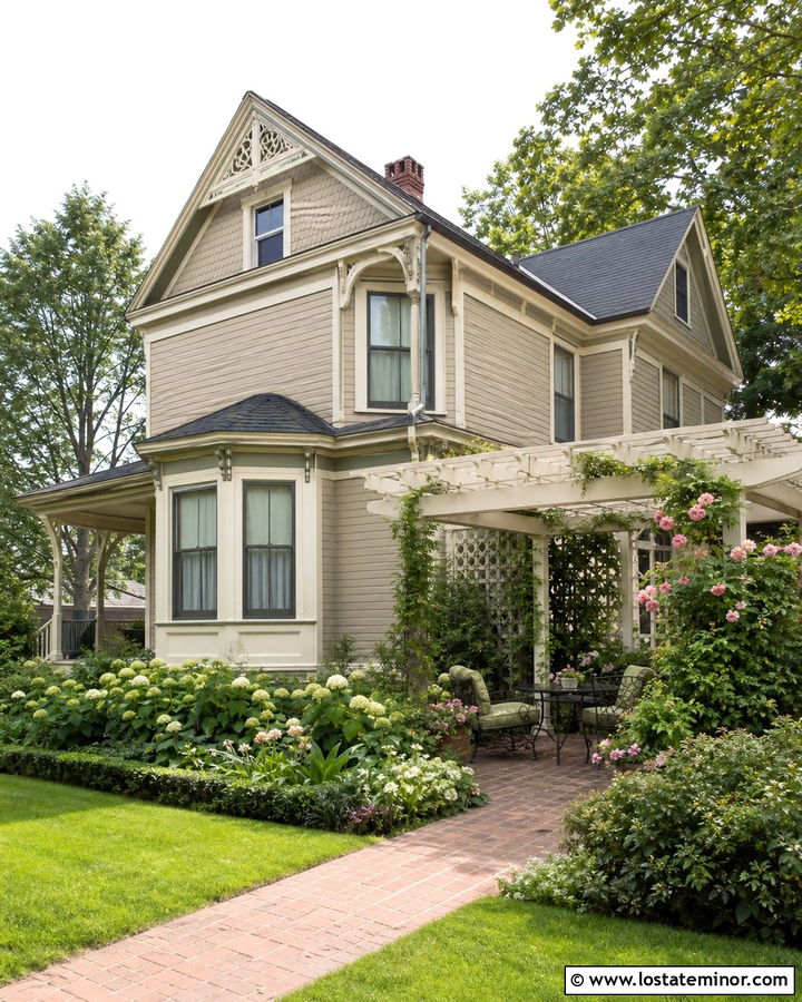 Sand Victorian House With Decorative Pergola - 30 Sand House Design With Pergola Ideas