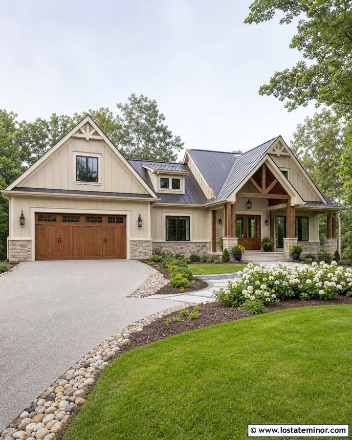 Sandbar Farmhouse With Wood Garage Door - 30 Beige House Design With Garage Door Ideas