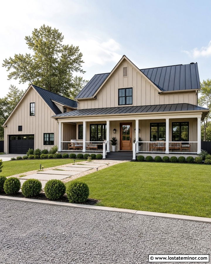 Sandbar Modern Farmhouse With Black Deck - 30 Beige House Design With Deck Ideas