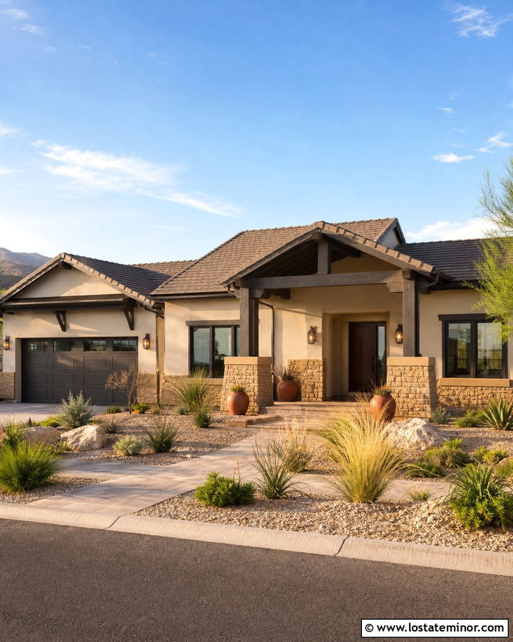 Sandstone House With Dark Brown Trim - 30 Stone House Design With Trim Ideas