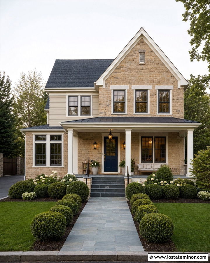 Sandstone House With Navy Dutch Door - 30 Stone House Design With Dutch Door Ideas