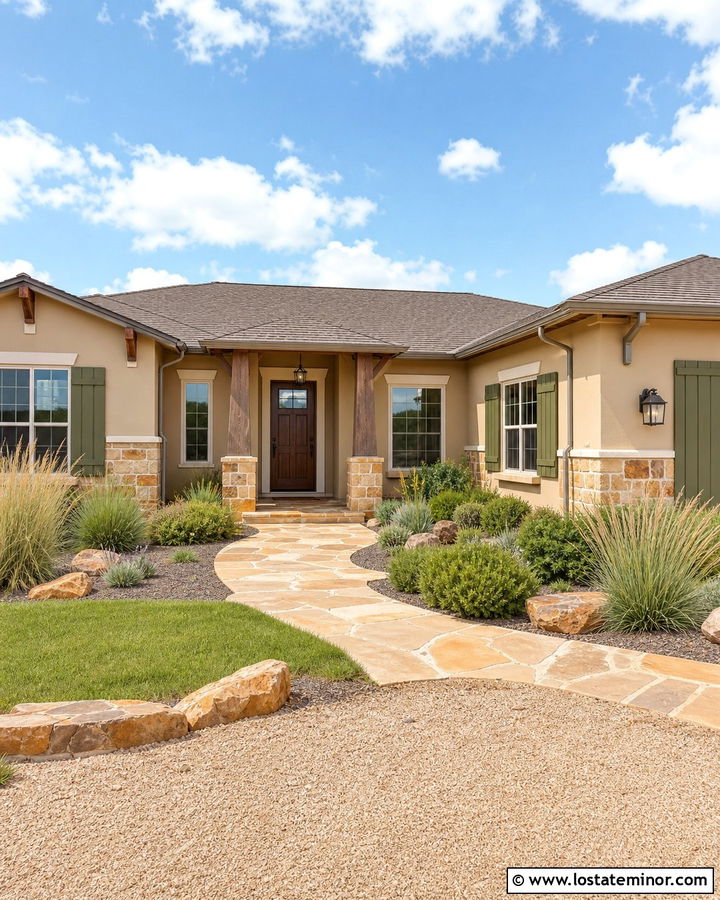 Sandstone House With Olive Green Shutters - 30 Stone House Design With Shutters Ideas