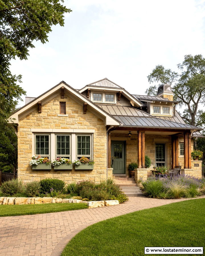 Sandstone House With Sage Green Window Boxes - 30 Stone House Design With Window Boxes Ideas