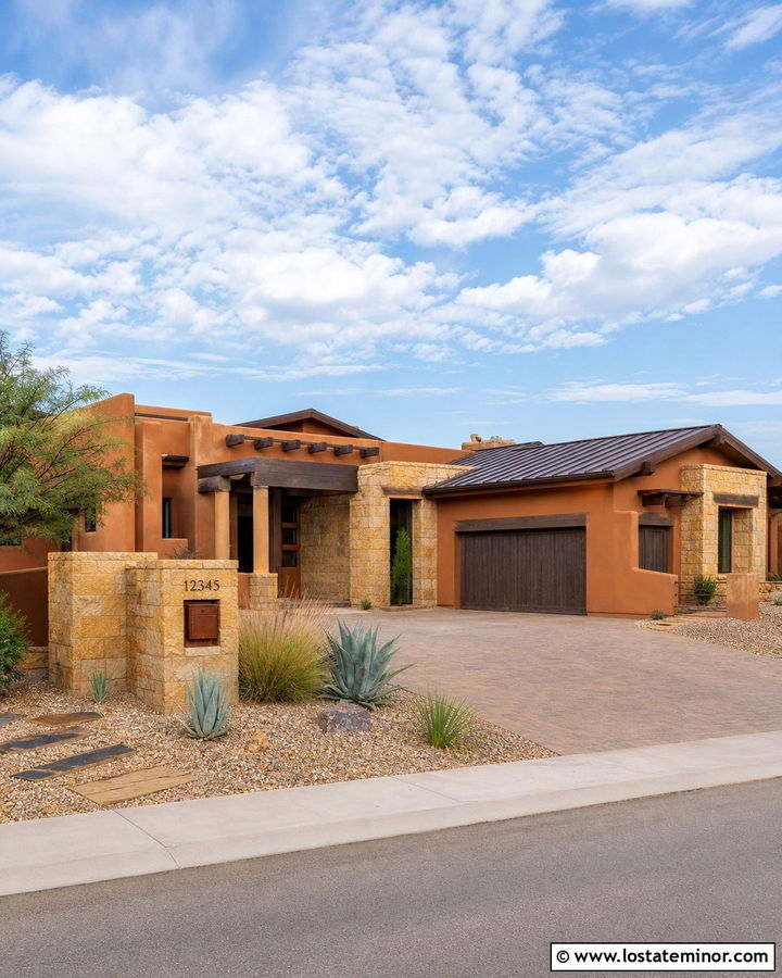 Sandstone Southwest House With Rust Mailbox - 30 Stone House Design With Mailbox Ideas