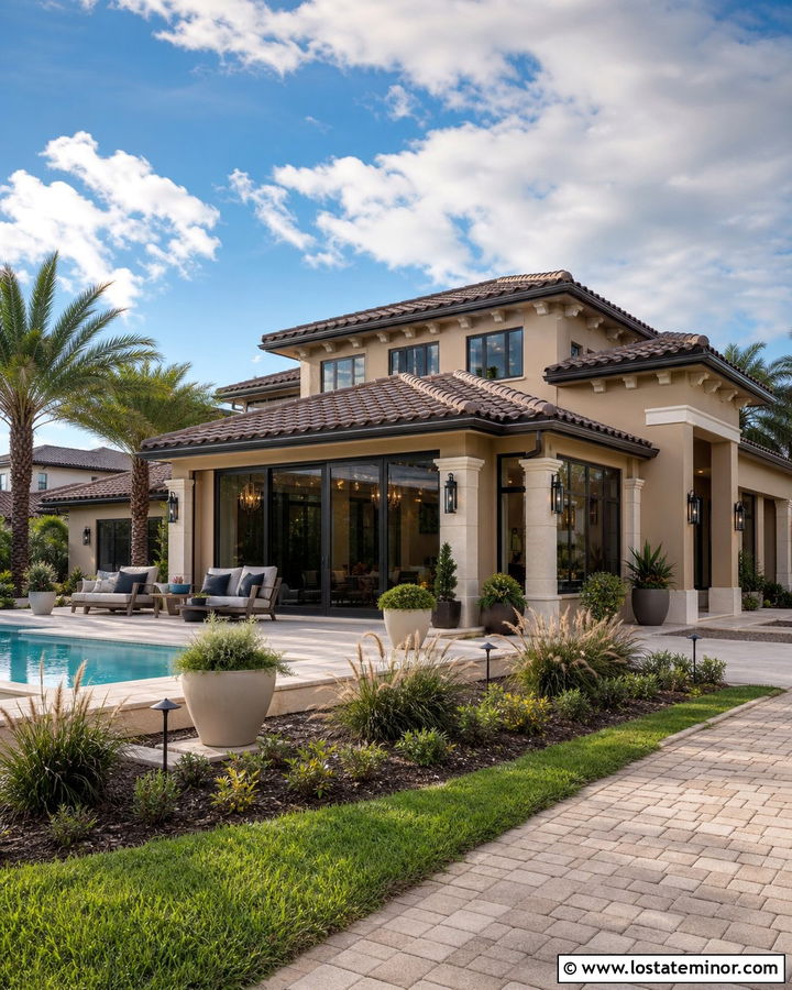 Sandstone Tan Stucco House With Poolside Sunroom - 30 Tan House Design With Sunroom Ideas