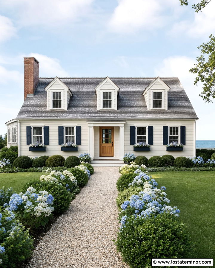 Seapearl Cape Cod With Navy Window Boxes - 30 Warm White House Design With Window Boxes Ideas