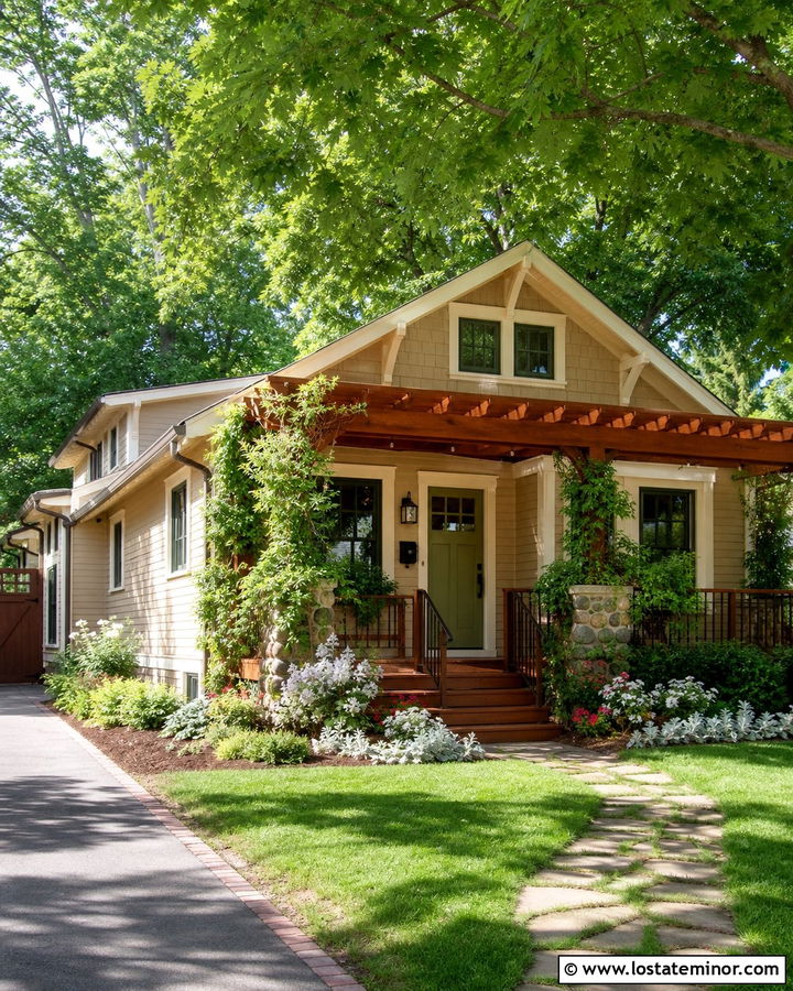 Shaker Beige Bungalow With Redwood Pergola Deck - 30 Beige House Design With Deck Ideas