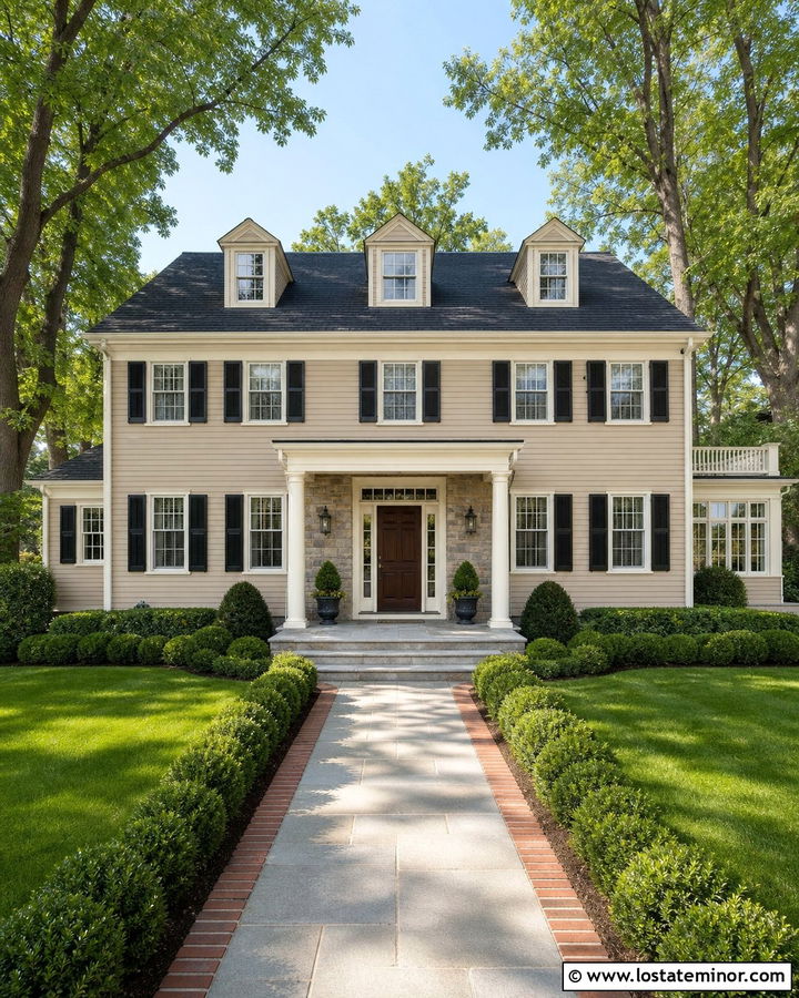 Shaker Beige Colonial With Gray Stone Entry - 30 Beige House Design With Stone Accents Ideas