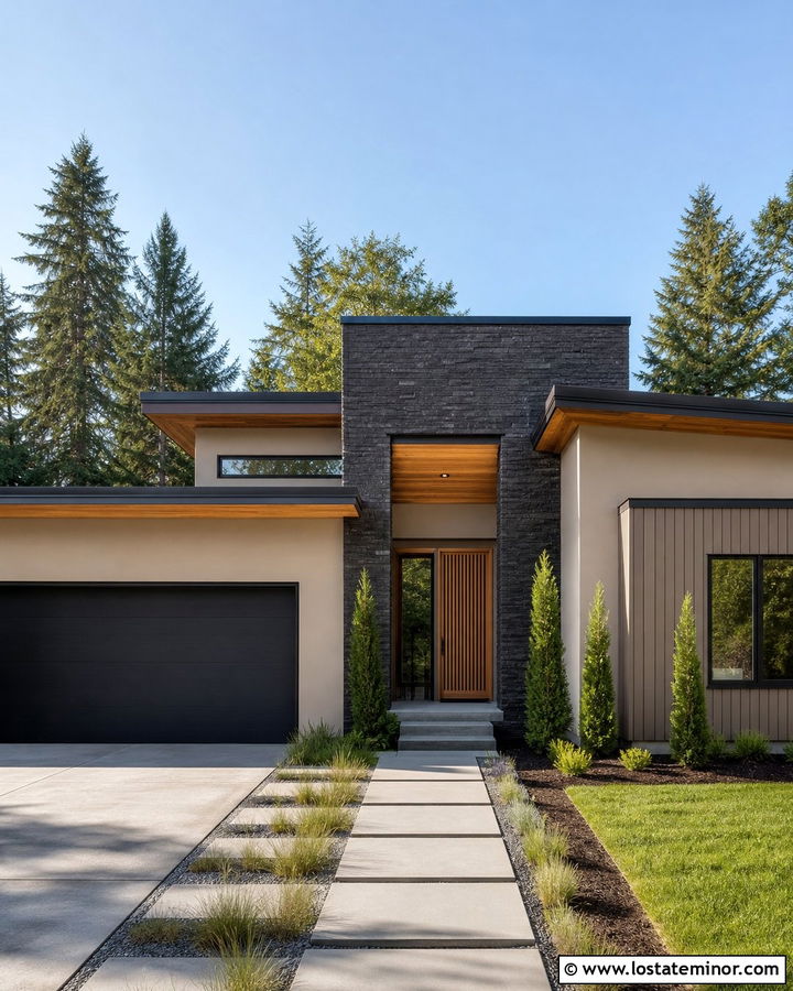 Shiitake Contemporary House With Charcoal Stone - 30 Beige House Design With Stone Accents Ideas