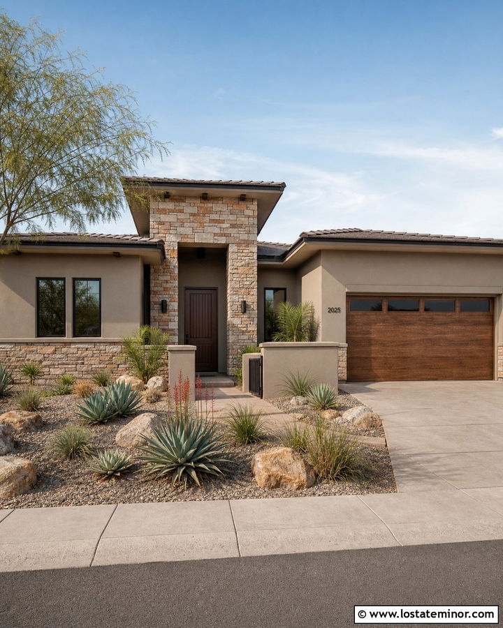Shiitake House With Desert Stone - 30 Greige House Design With Stone Accents Ideas