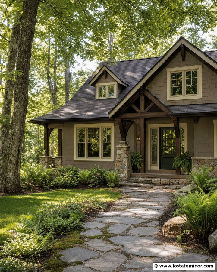 Shiitake House With Forest Green Storm Door - 30 Greige House Design With Storm Door Ideas