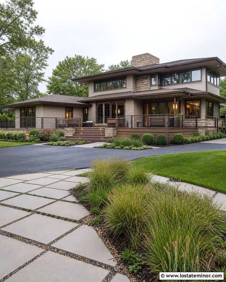 Shiitake Prairie House With Bronze Railing Deck - 30 Beige House Design With Deck Ideas